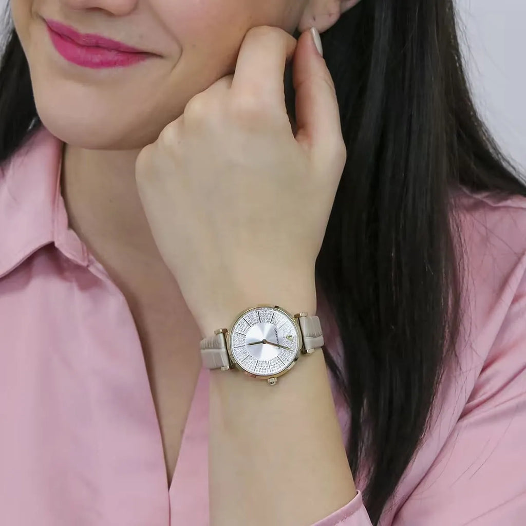 Emporio Armani Gianni T Bar Crystals Silver Dial Brown Leather Strap Watch For Women - AR11518 Buy Now By Emporio Armani