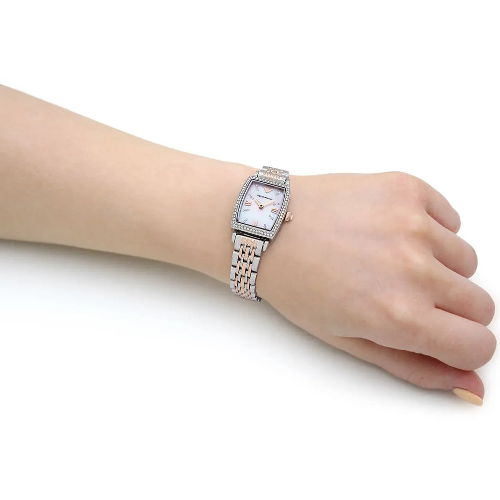 Emporio Armani Gianni T Bar White Mother Of Pearl Dial Two Tone Steel Strap Watch For Women - AR11519 Buy Now By Emporio Armani
