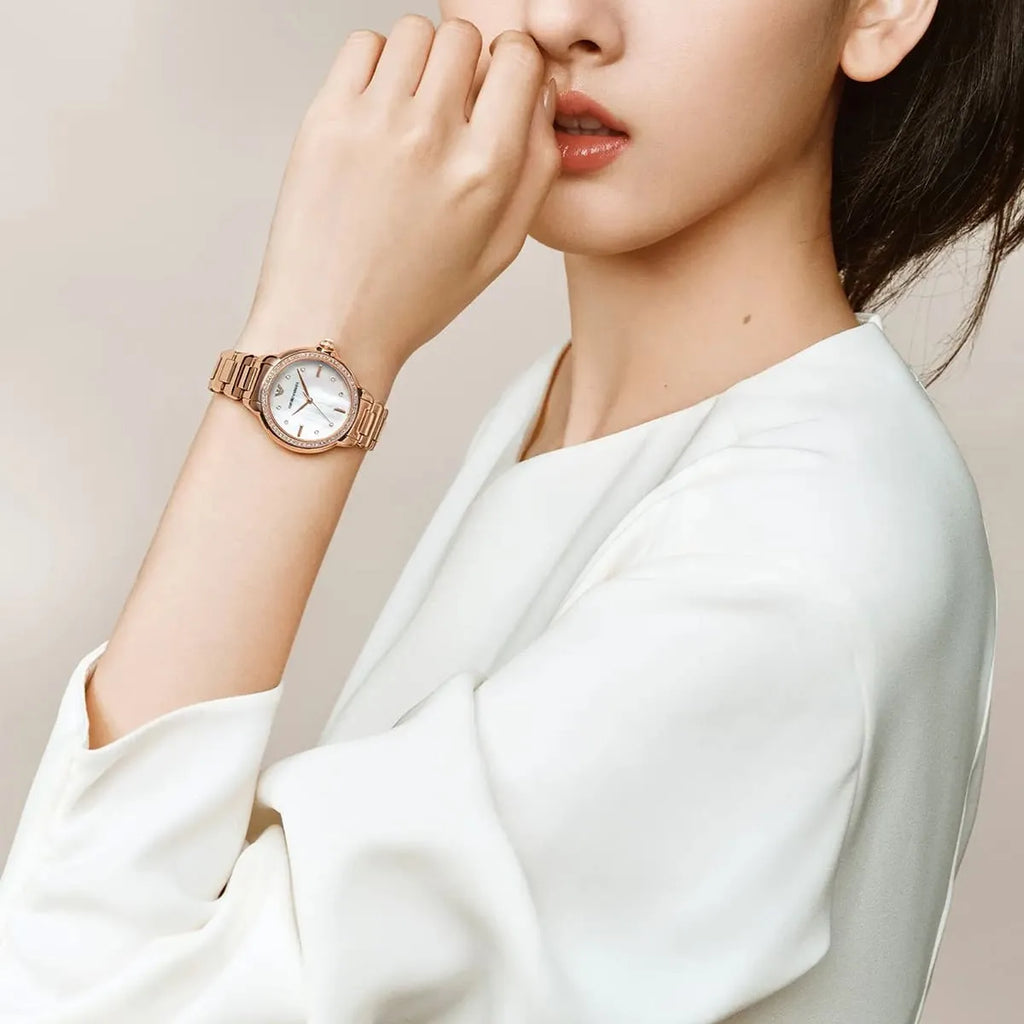 Emporio Armani Aira Three Hand Mother of Pearl Dial Rose Gold Steel Strap Watch For Women - AR11523 Buy Now By Emporio Armani