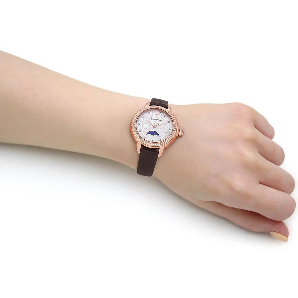 Emporio Armani Mia Moonphase Silver Dial Brown Leather Strap Watch For Women - AR11568 Buy Now By Emporio Armani