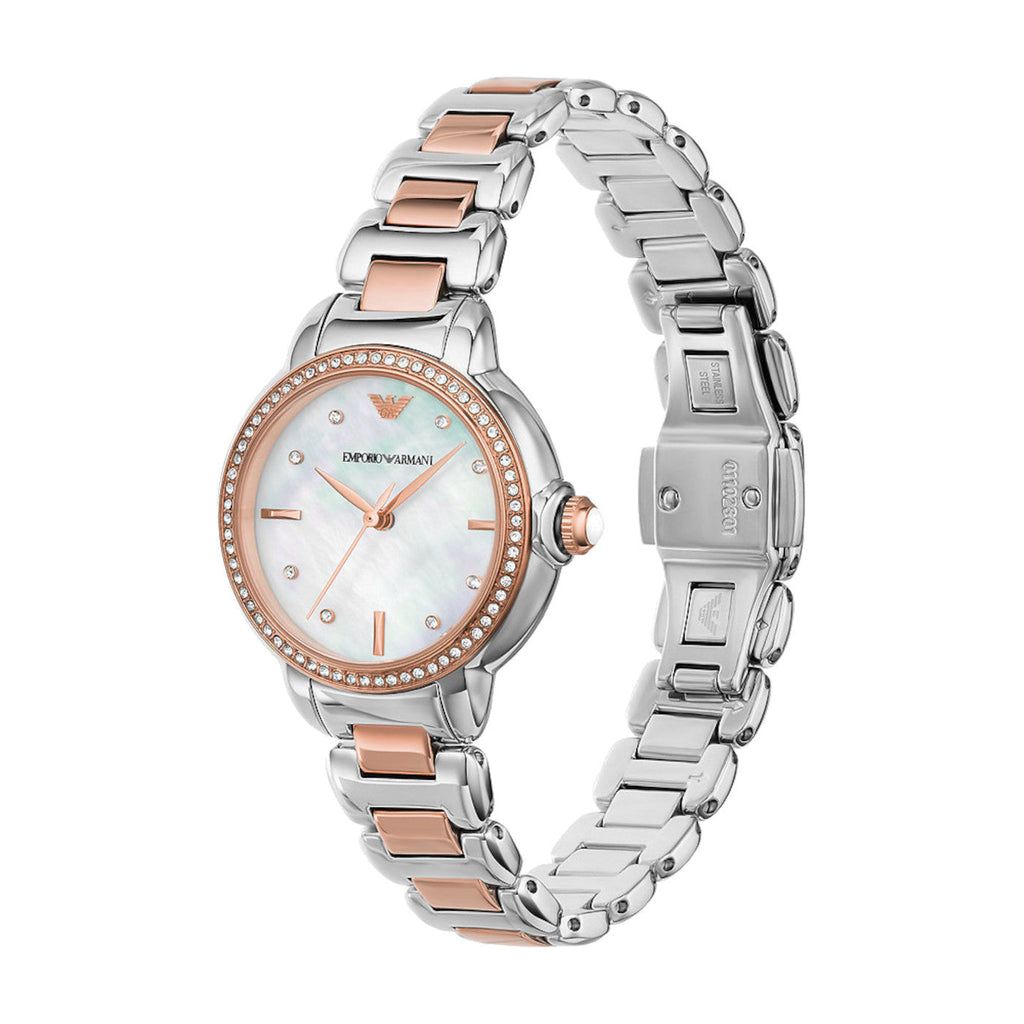 Emporio Armani Three Hand Quartz Mother of Pearl Dial Two Tone Steel Strap Watch For Women - AR11569 Buy Now By Emporio Armani
