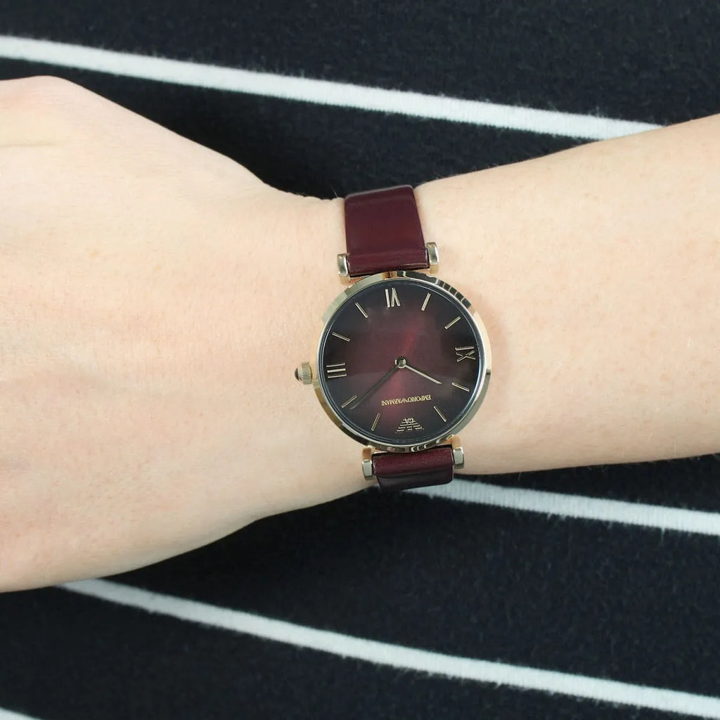 Emporio Armani Gianni T Bar Burgundy Dial Burgundy Leather Strap Watch For Women - AR1758 Buy Now By Emporio Armani