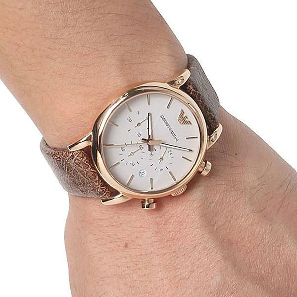 Emporio Armani Classic Chronograph White Dial Brown Leather Strap Watch For Men - AR1809 Buy Now By Emporio Armani