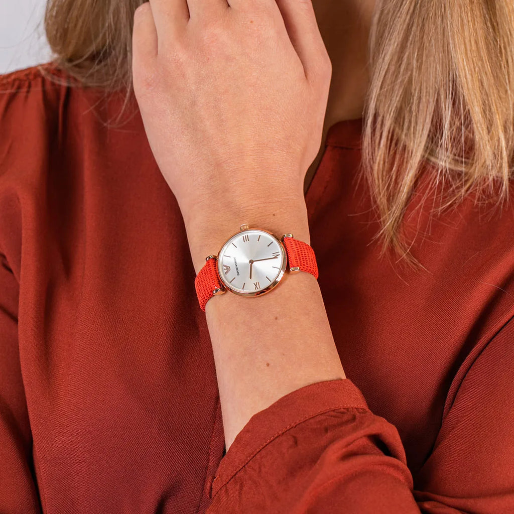 Emporio Armani Gianni T Bar Silver Dial Red Leather Strap Watch For Women - AR1876 Buy Now By Emporio Armani