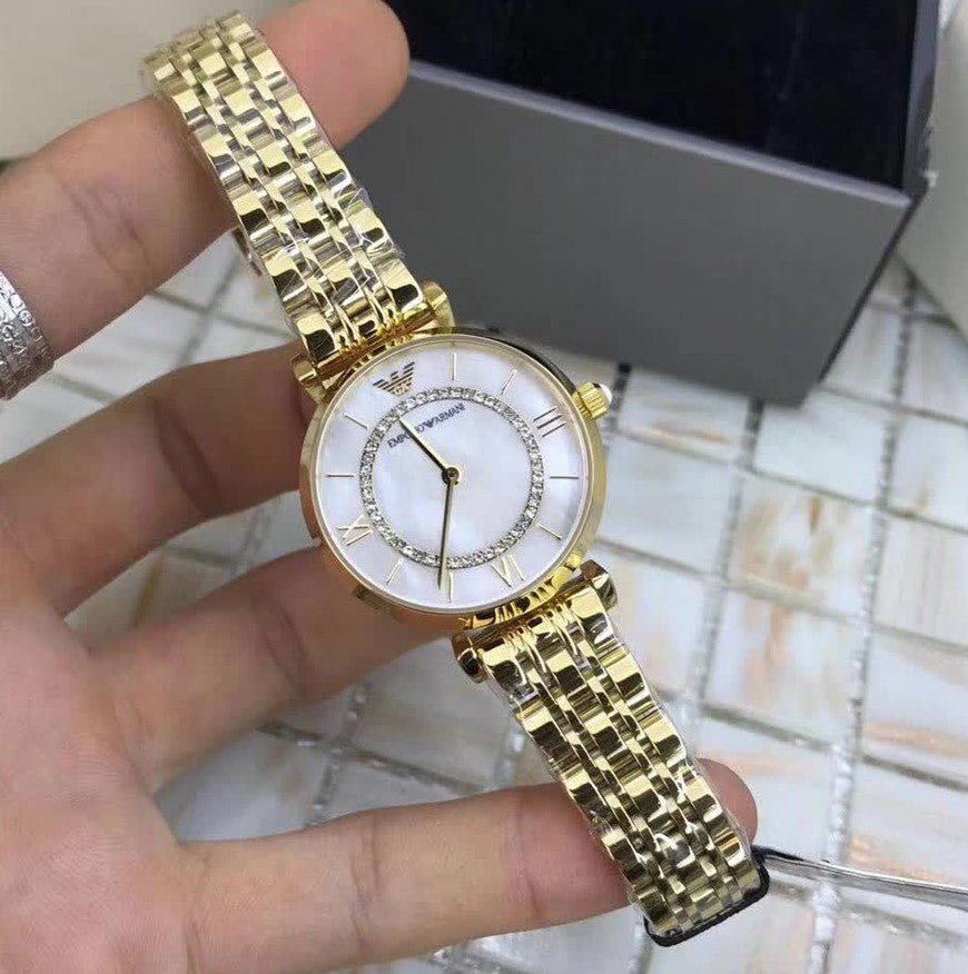 Emporio Armani Gianni T Bar White Mother of Pearl Dial Gold Steel Strap Watch For Women - AR1907 Buy Now By Emporio Armani