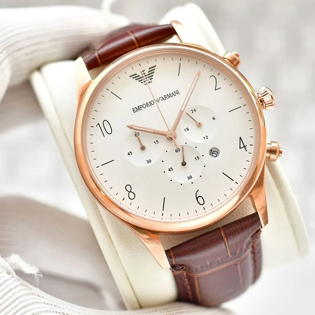 Emporio Armani Beta Chronograph White Dial Brown Leather Strap Watch For Men - AR1916 Buy Now By Emporio Armani