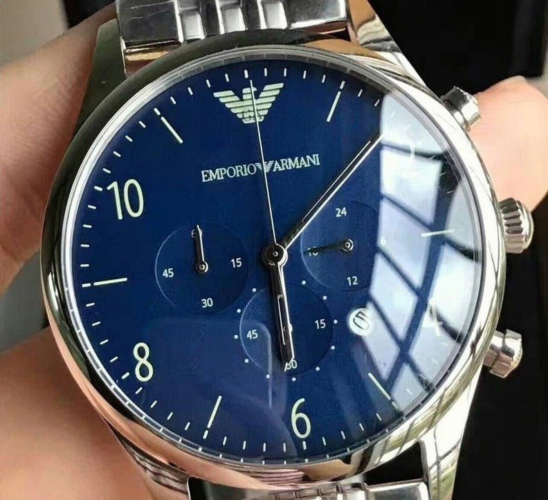 Emporio Armani Chronograph Blue Dial Silver Steel Strap Watch For Men - AR1942 Buy Now By Emporio Armani
