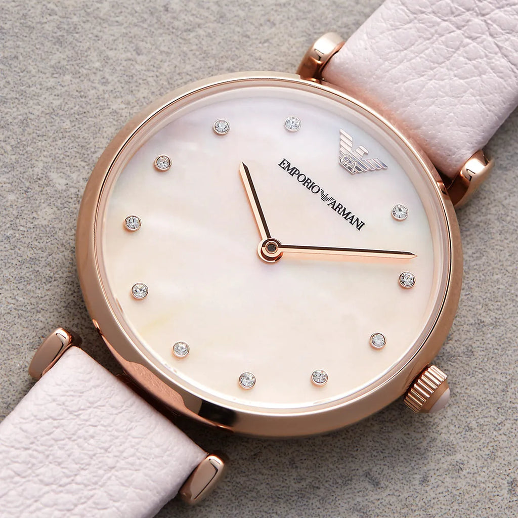 Emporio Armani Gianni T Bar Mother Of Pearl Pink Dial Pink Leather Strap Watch For Women - AR1958 Buy Now By Emporio Armani