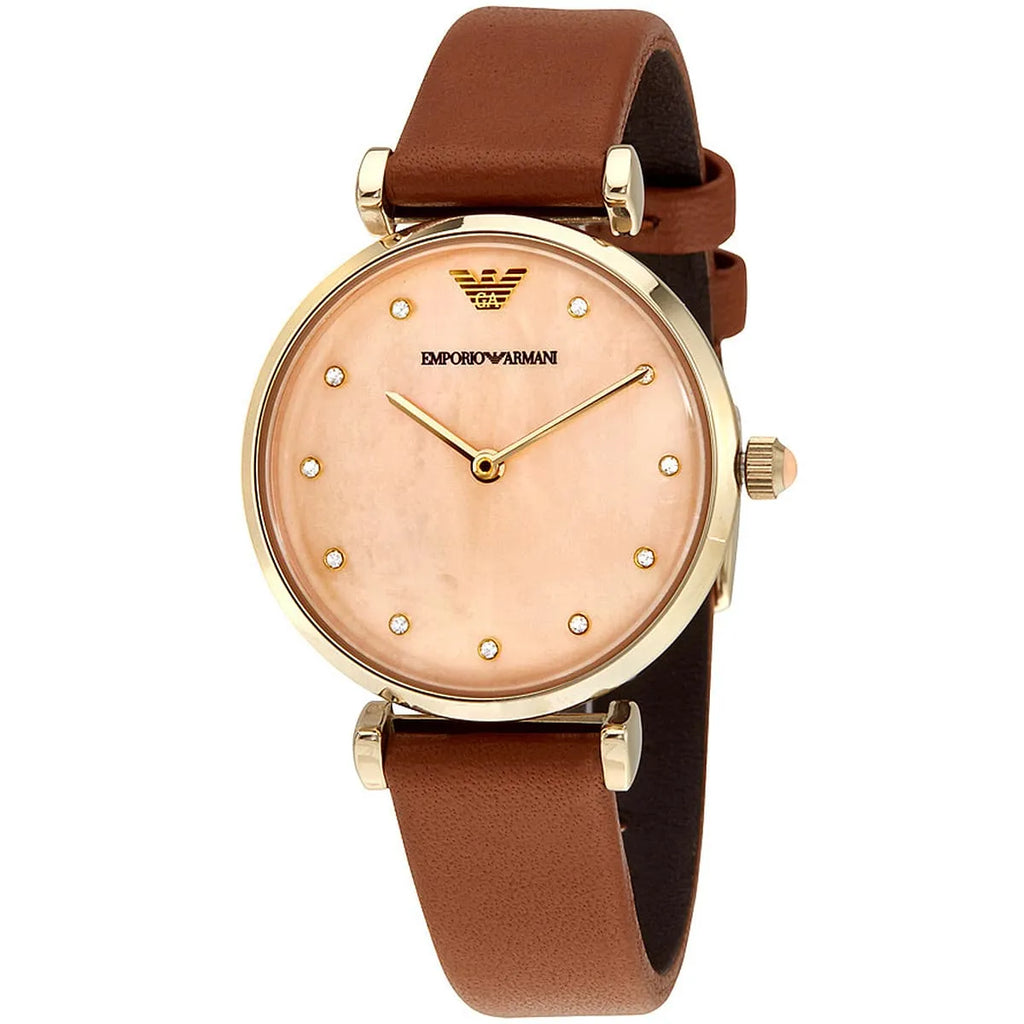 Emporio Armani Gianni T Bar Quartz Pink Mother of Pearl Dial Brown Leather Strap Watch For Women - AR1960 Buy Now By Emporio Armani
