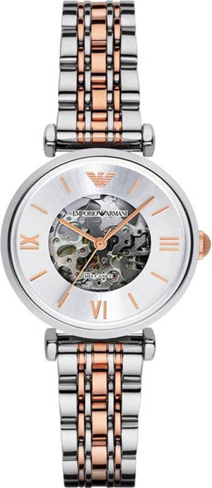 Emporio Armani Gianni T Bar Silver Skeleton Dial Two Tone Strap Watch For Women - AR1992 Buy Now By Emporio Armani