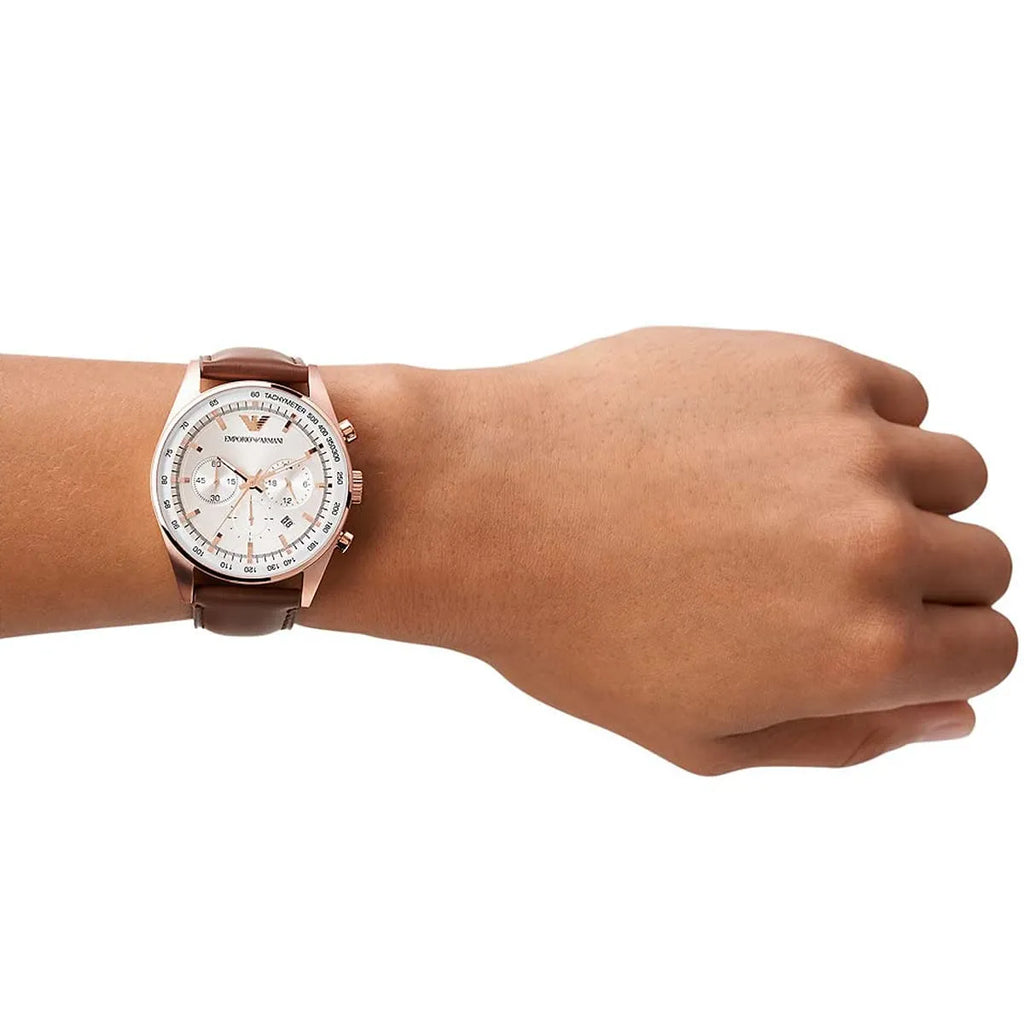 Emporio Armani Sportivo Chronograph White Dial Brown Leather Strap Watch For Men - AR5996 Buy Now By Emporio Armani
