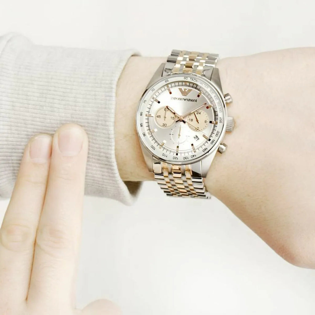 Emporio Armani Sportivo Chronograph Silver Dial Two Tone Steel Strap Watch For Men - AR5999 Buy Now By Emporio Armani