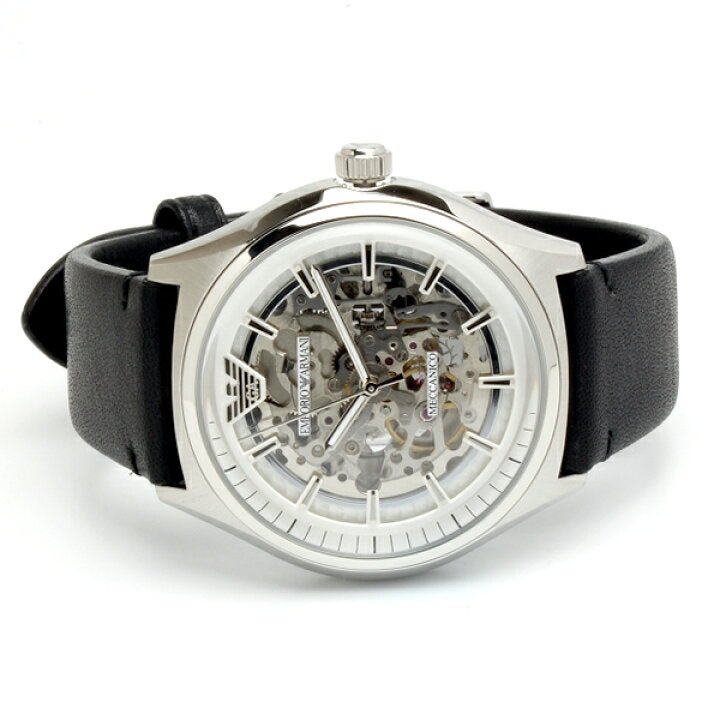 Emporio Armani Meccanico White Skeleton Dial Black Leather Strap Watch For Men - AR60003 Buy Now By Emporio Armani