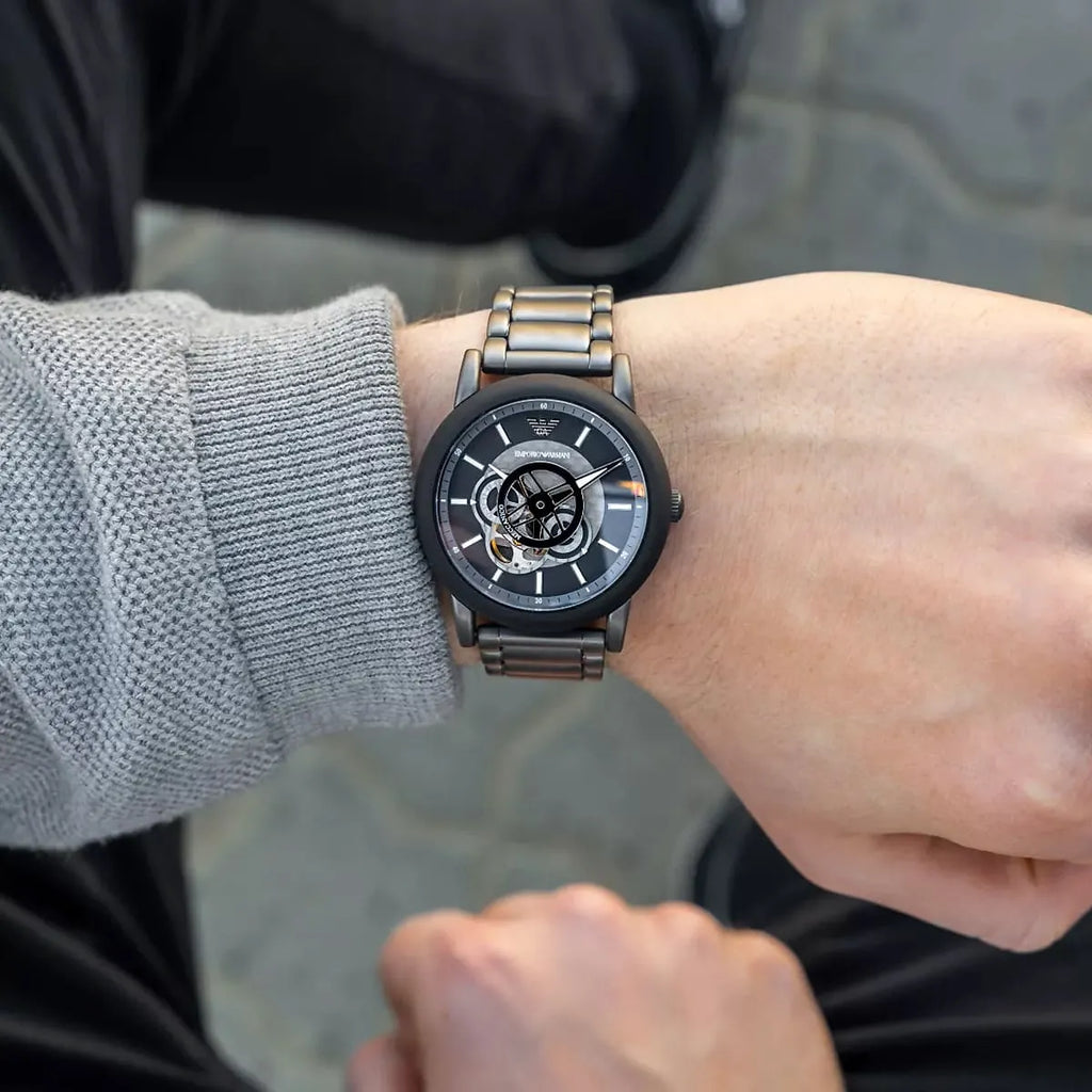 Emporio Armani Meccanico Automatic Black Dial Black Steel Strap Watch For Men - AR60010 Buy Now By Emporio Armani