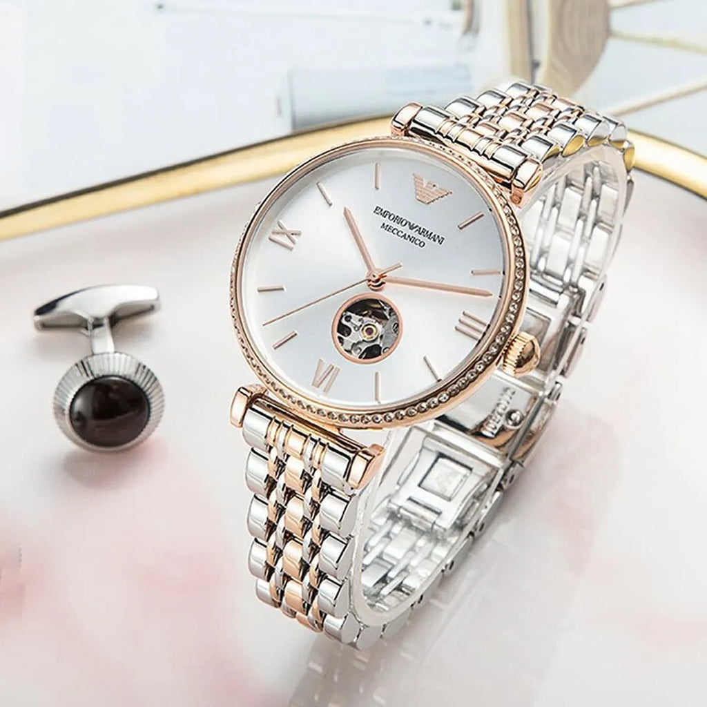 Emporio Armani Gianni T-Bar Analog White Dial Two Tone Steel Strap Watch For Women - AR60019 Buy Now By Emporio Armani