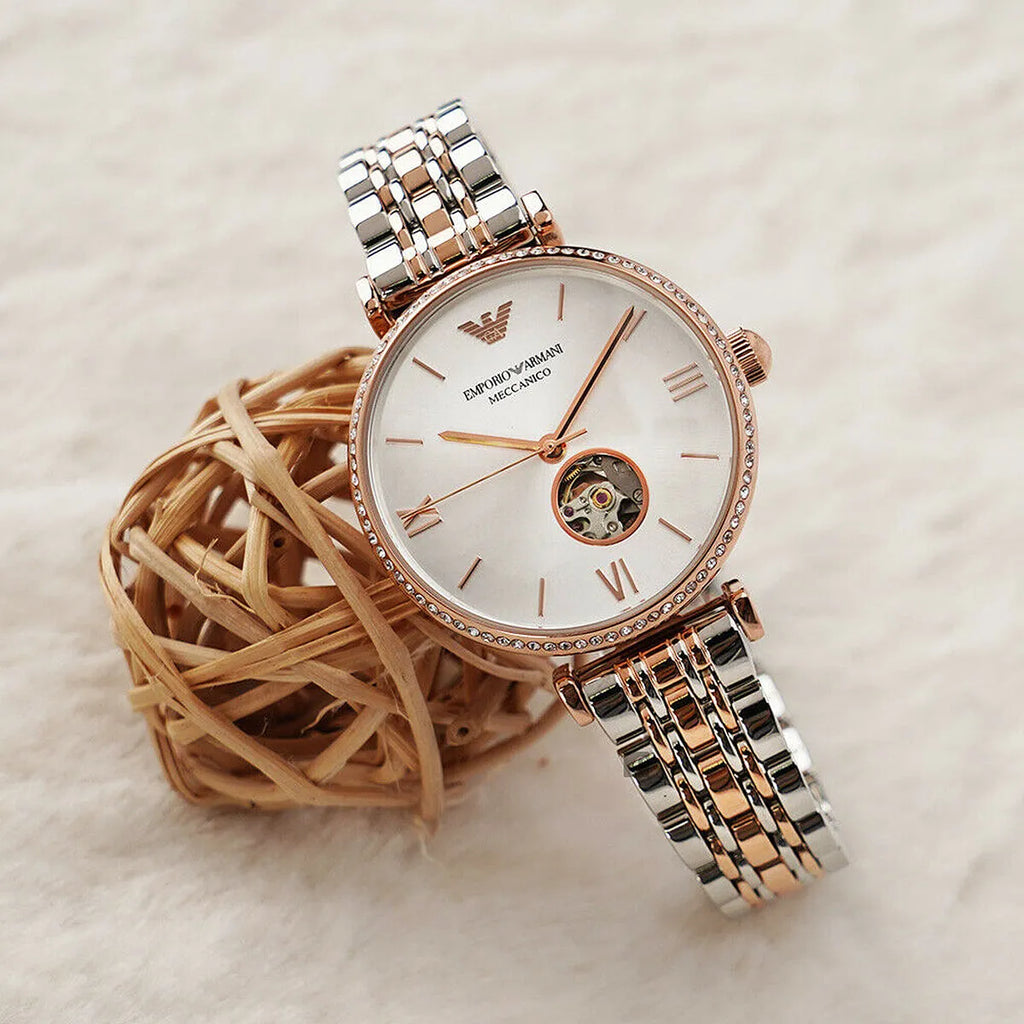 Emporio Armani Gianni T-Bar Analog White Dial Two Tone Steel Strap Watch For Women - AR60019 Buy Now By Emporio Armani