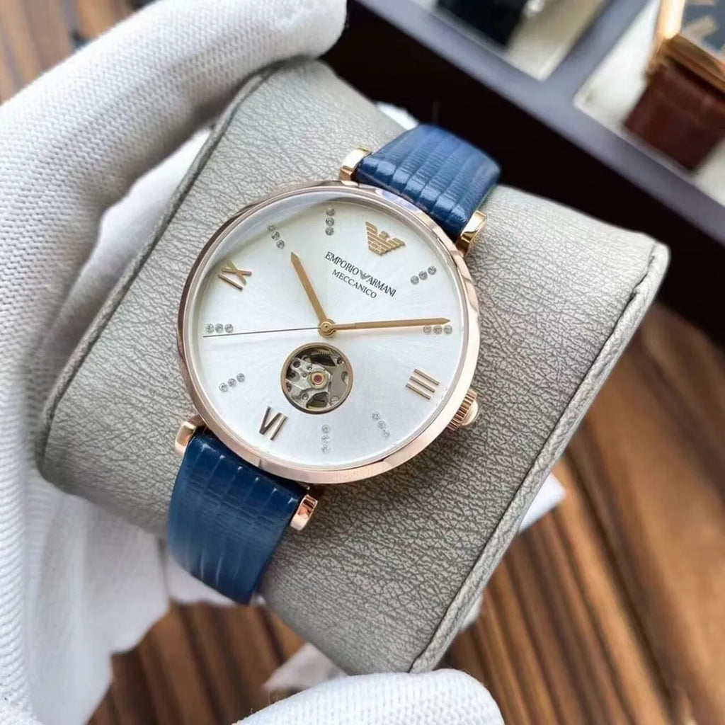 Emporio Armani Gianni T-Bar Analog Silver Dial Blue Leather Strap Watch For Women - AR60020