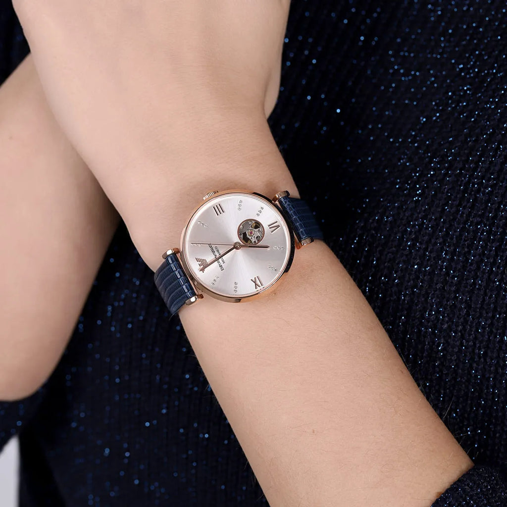 Emporio Armani Gianni T-Bar Analog Silver Dial Blue Leather Strap Watch For Women - AR60020 Buy Now By Emporio Armani