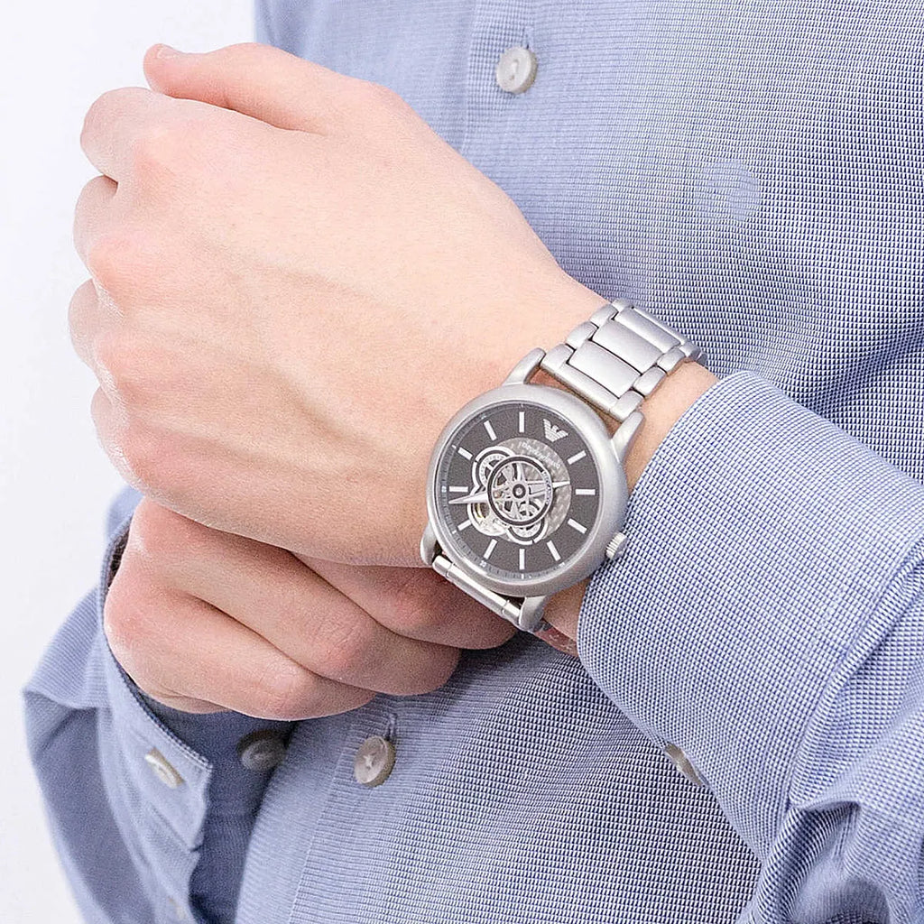 Emporio Armani Meccanico Automatic Skeleton Black Dial Silver Steel Strap Watch For Men - AR60021 Buy Now By Emporio Armani