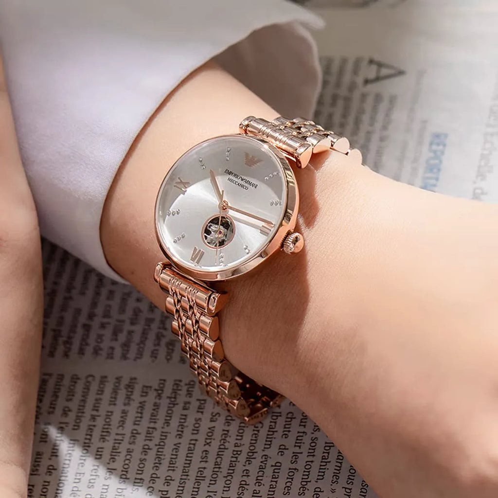 Emporio Armani Gianni T-Bar Silver Dial Rose Gold Steel Strap Watch For Women - AR60023 Buy Now By Emporio Armani