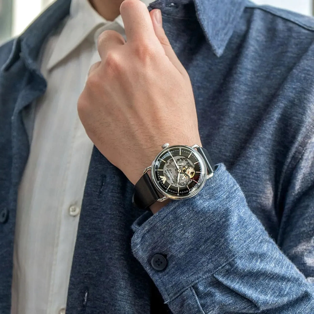 Emporio Armani Meccanico Skeleton Black Dial Black Leather Strap Watch For Men - AR60026 Buy Now By Emporio Armani