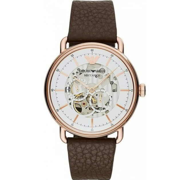 Emporio Armani Meccanico Automatic White Dial Brown Leather Strap Watch For Men - AR60027 Buy Now By Emporio Armani