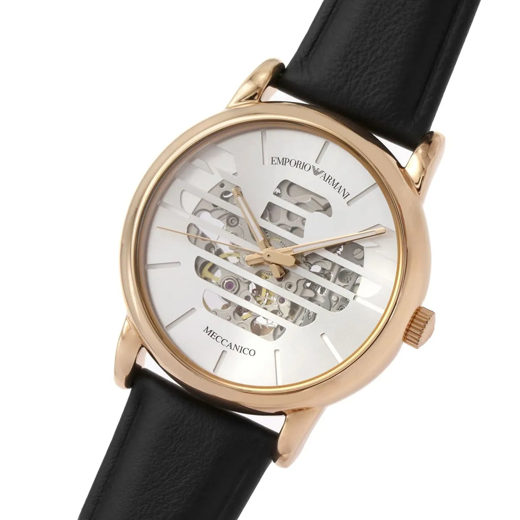 Emporio Armani Meccanico Skeleton Silver Dial Black Leather Strap Watch For Men - AR60031 Buy Now By Emporio Armani