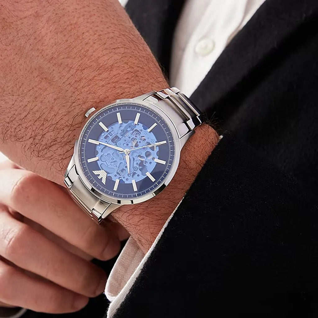 Emporio Armani Renato Automatic Blue Dial Silver Steel Strap Watch For Men - AR60037 Buy Now By Emporio Armani