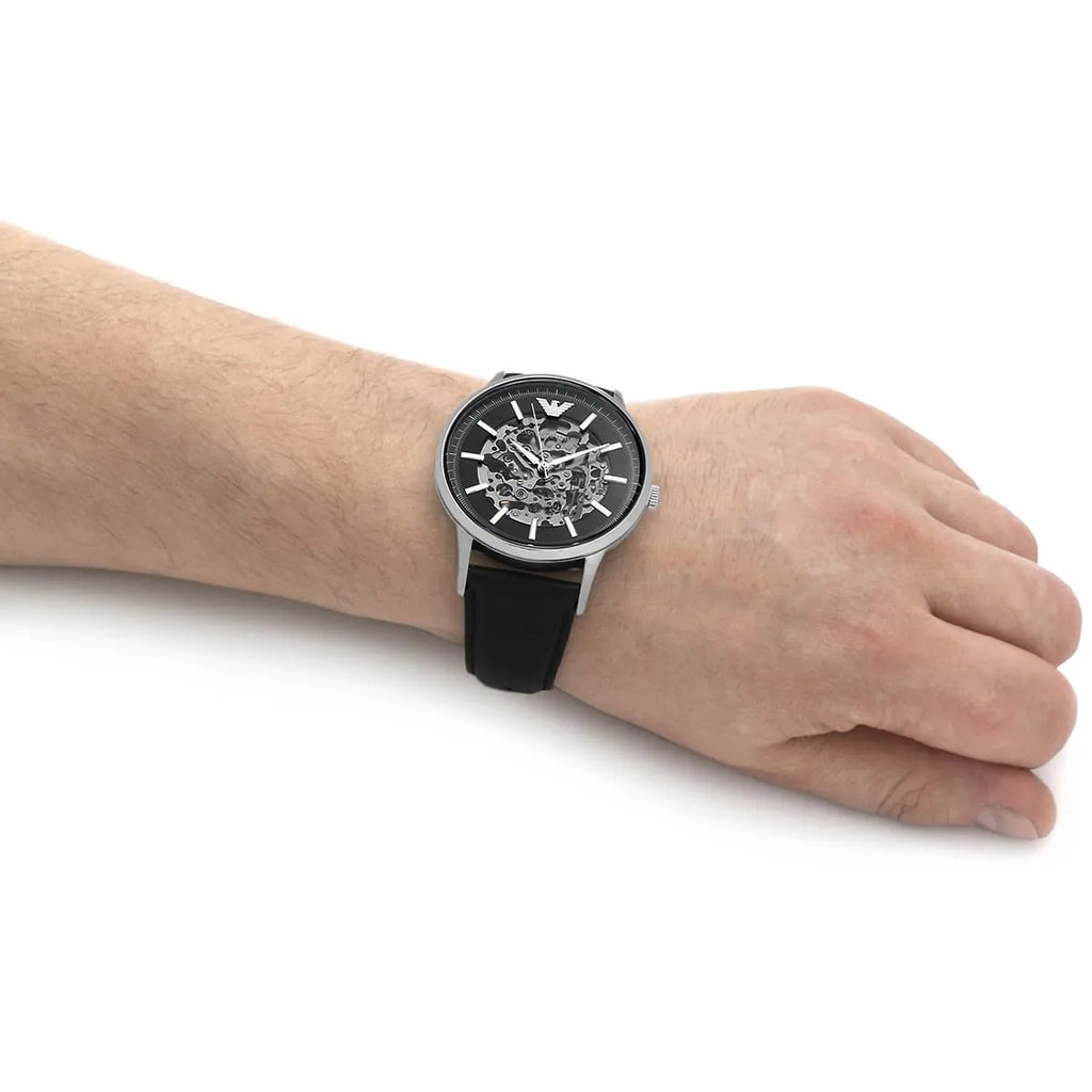 Emporio Armani Meccanico Skeleton Automatic Black Dial Black Leather Strap Watch for Men - AR60038 Buy Now By Emporio Armani