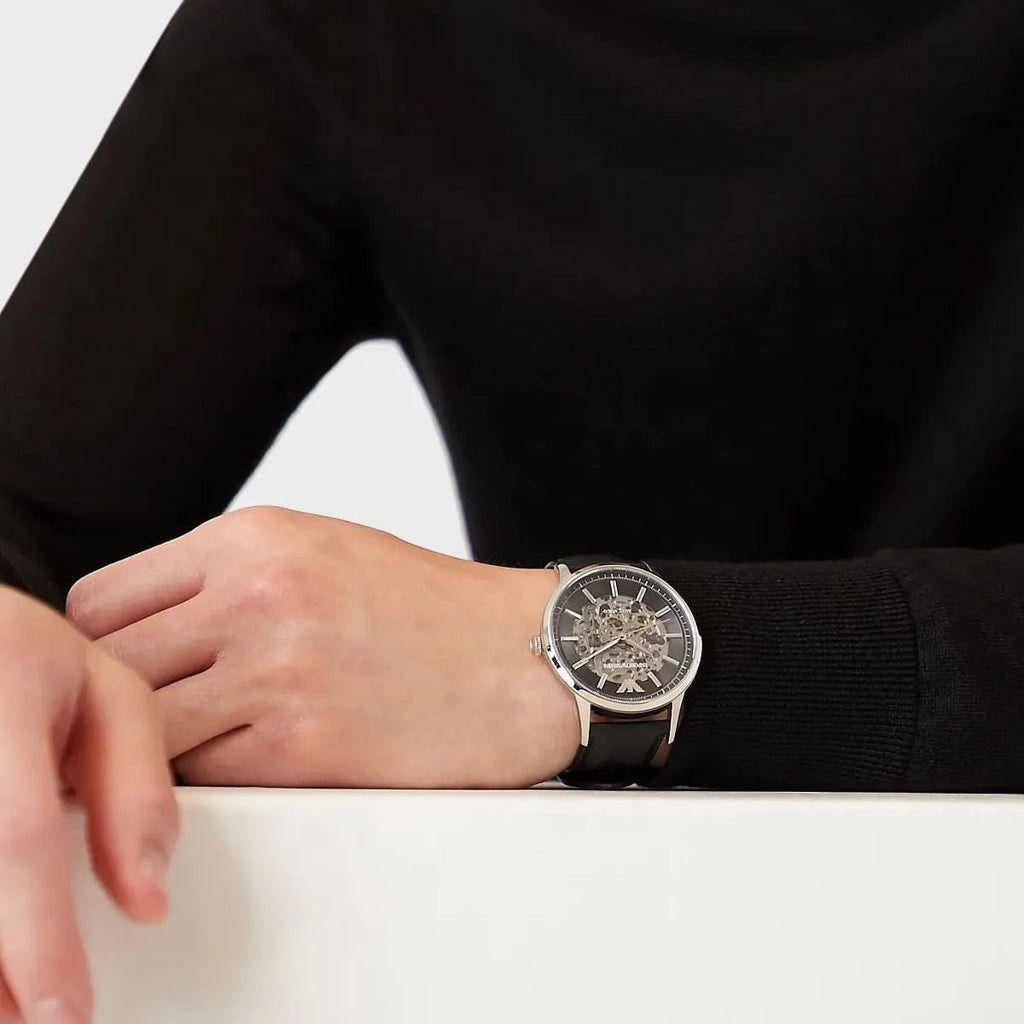 Emporio Armani Meccanico Skeleton Automatic Black Dial Black Leather Strap Watch for Men - AR60038 Buy Now By Emporio Armani