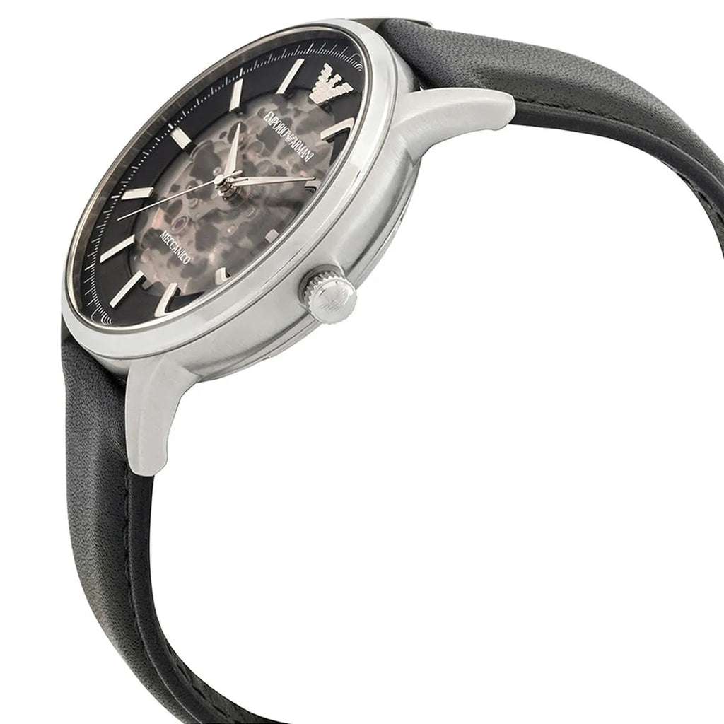 Emporio Armani Meccanico Skeleton Automatic Black Dial Black Leather Strap Watch for Men - AR60038 Buy Now By Emporio Armani