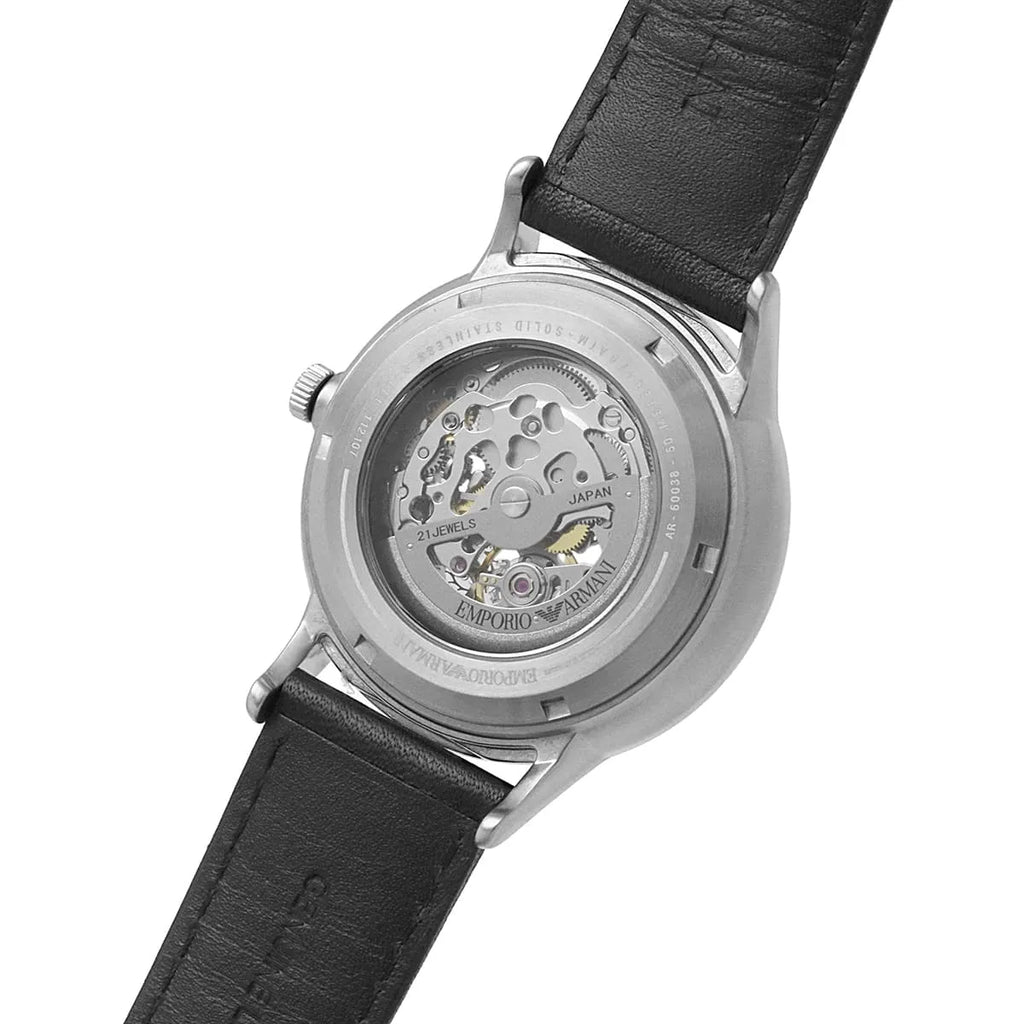 Emporio Armani Meccanico Skeleton Automatic Black Dial Black Leather Strap Watch for Men - AR60038 Buy Now By Emporio Armani