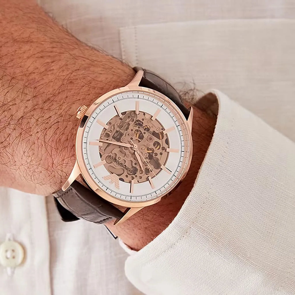 Emporio Armani Meccanico Automatic Silver Dial Brown Leather Strap Watch For Men - AR60039 Buy Now By Emporio Armani