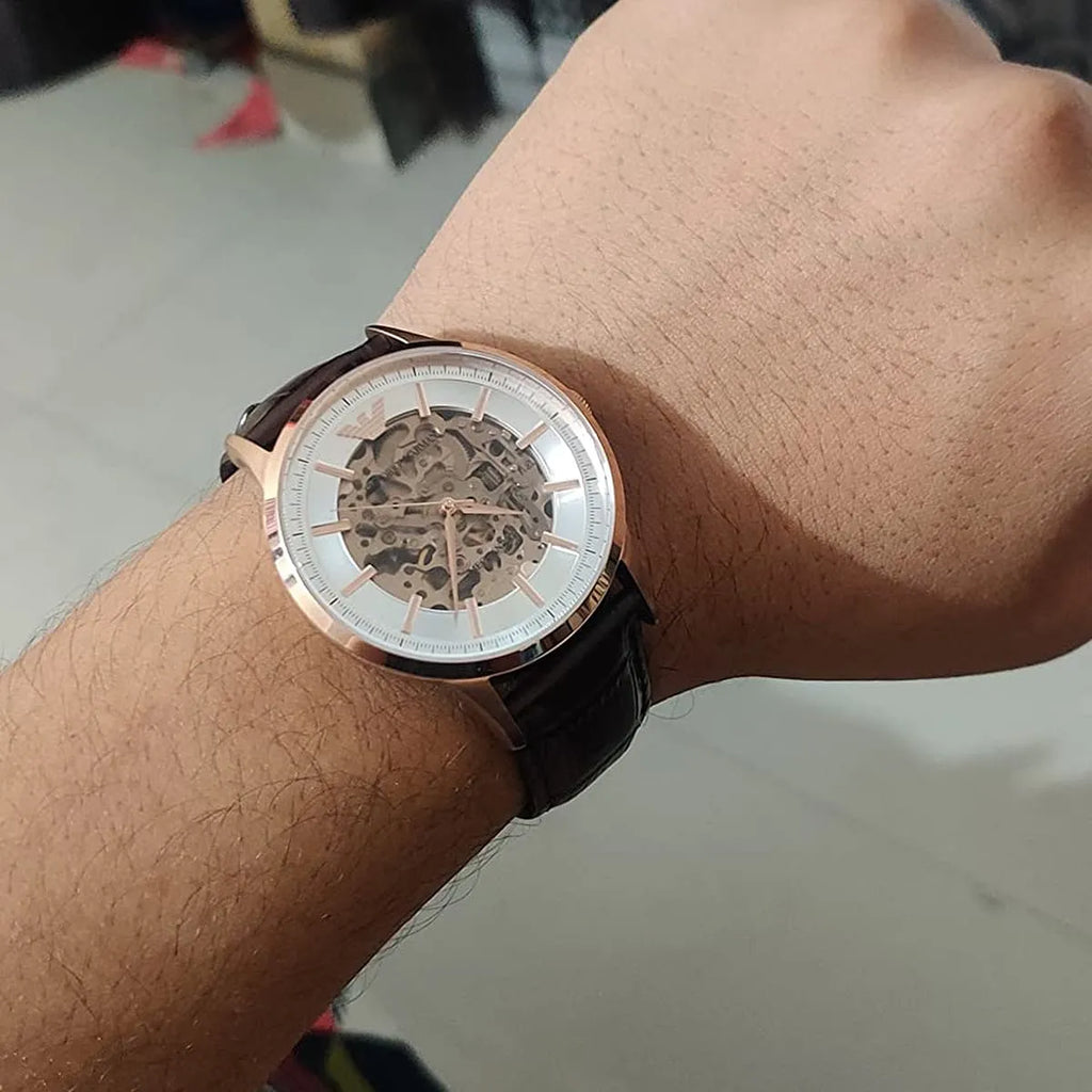 Emporio Armani Meccanico Automatic Silver Dial Brown Leather Strap Watch For Men - AR60039 Buy Now By Emporio Armani