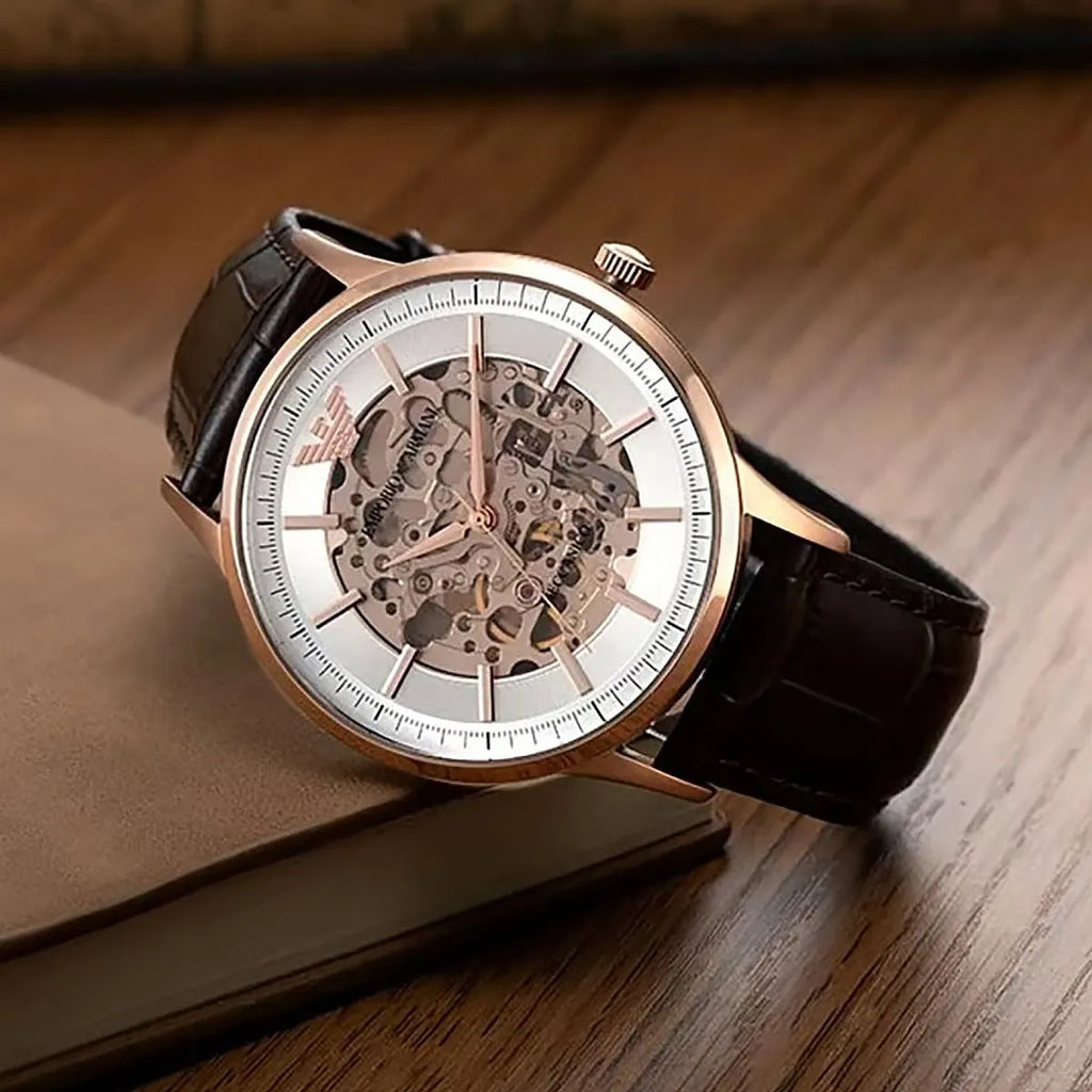 Emporio Armani Meccanico Automatic Silver Dial Brown Leather Strap Watch For Men - AR60039 Buy Now By Emporio Armani