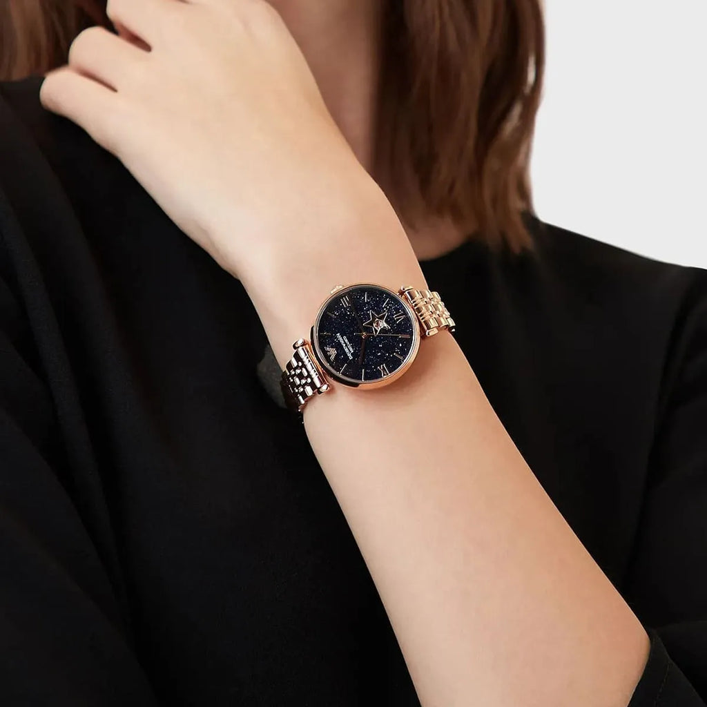 Emporio Armani Meccanico Crystals Black Dial Rose Gold Steel Strap Watch For Women - AR60043 Buy Now By Emporio Armani