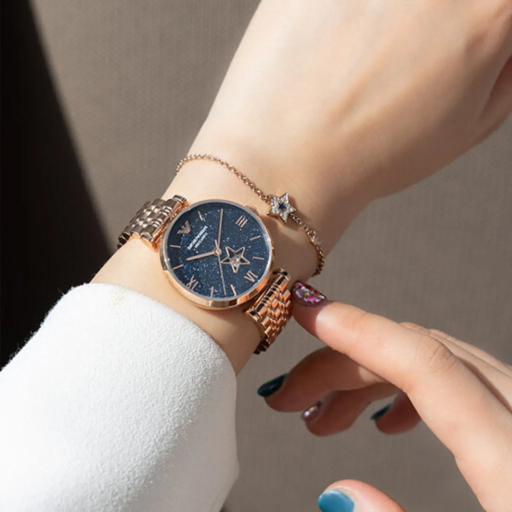 Emporio Armani Meccanico Crystals Black Dial Rose Gold Steel Strap Watch For Women - AR60043 Buy Now By Emporio Armani