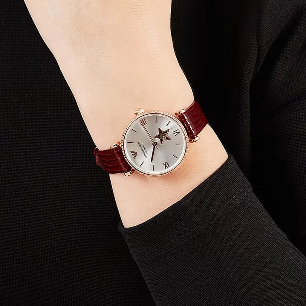 Emporio Armani Meccanico Automatic Silver Dial Burgundy Leather Strap Watch For Women - AR60044 Buy Now By Emporio Armani
