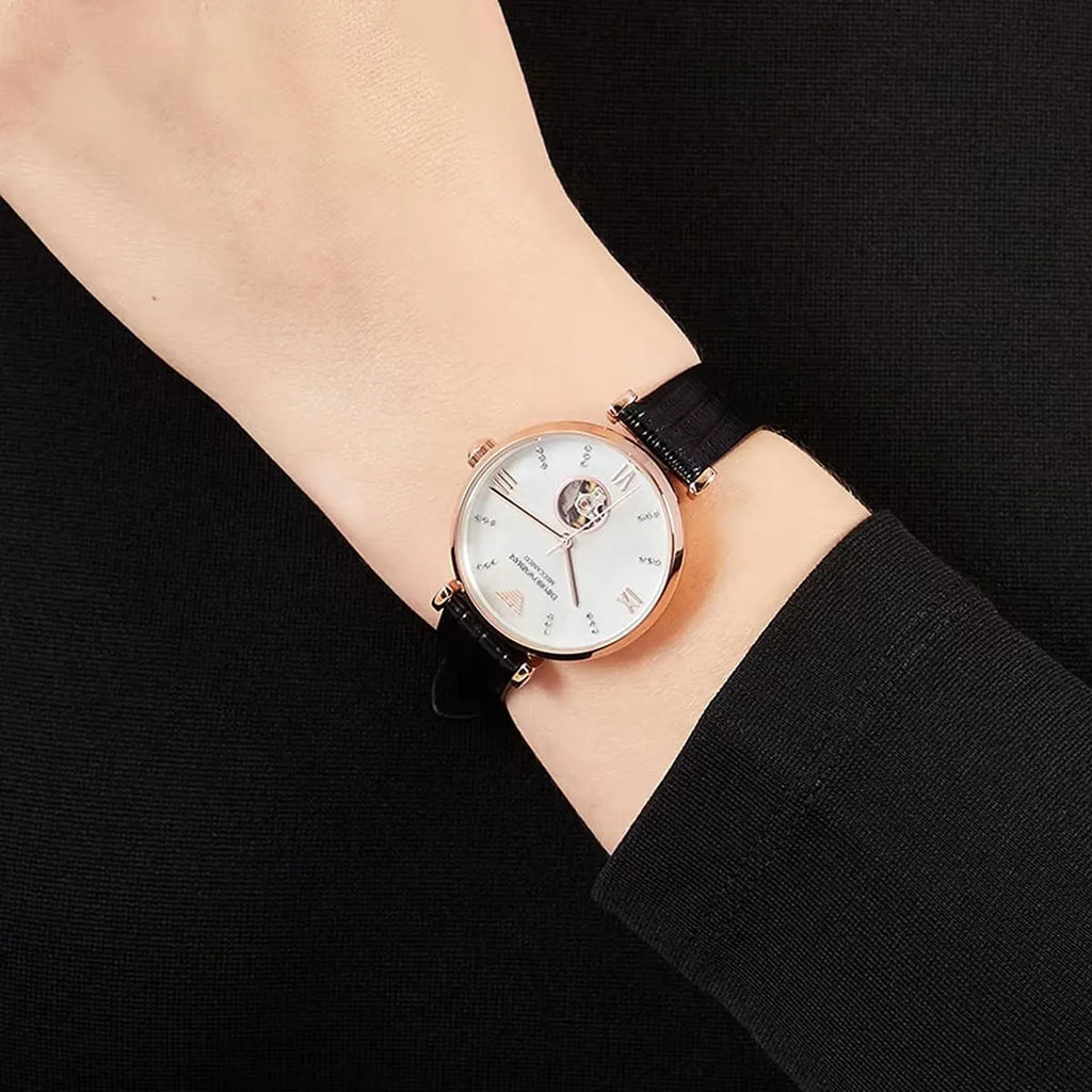 Emporio Armani Gianni T Bar Mother of Pearl White Dial Black Leather Strap Watch For Women - AR60047 Buy Now By Emporio Armani