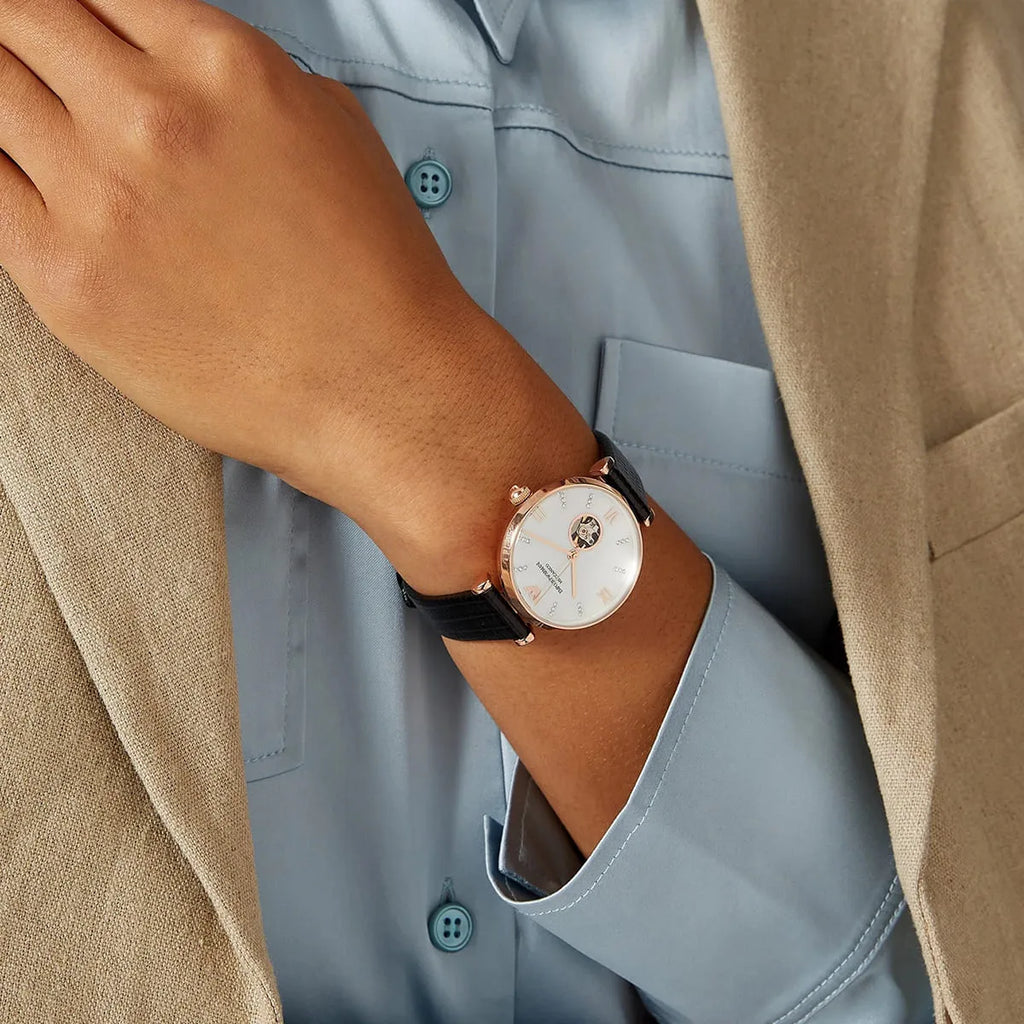 Emporio Armani Gianni T Bar Mother of Pearl White Dial Black Leather Strap Watch For Women - AR60047 Buy Now By Emporio Armani