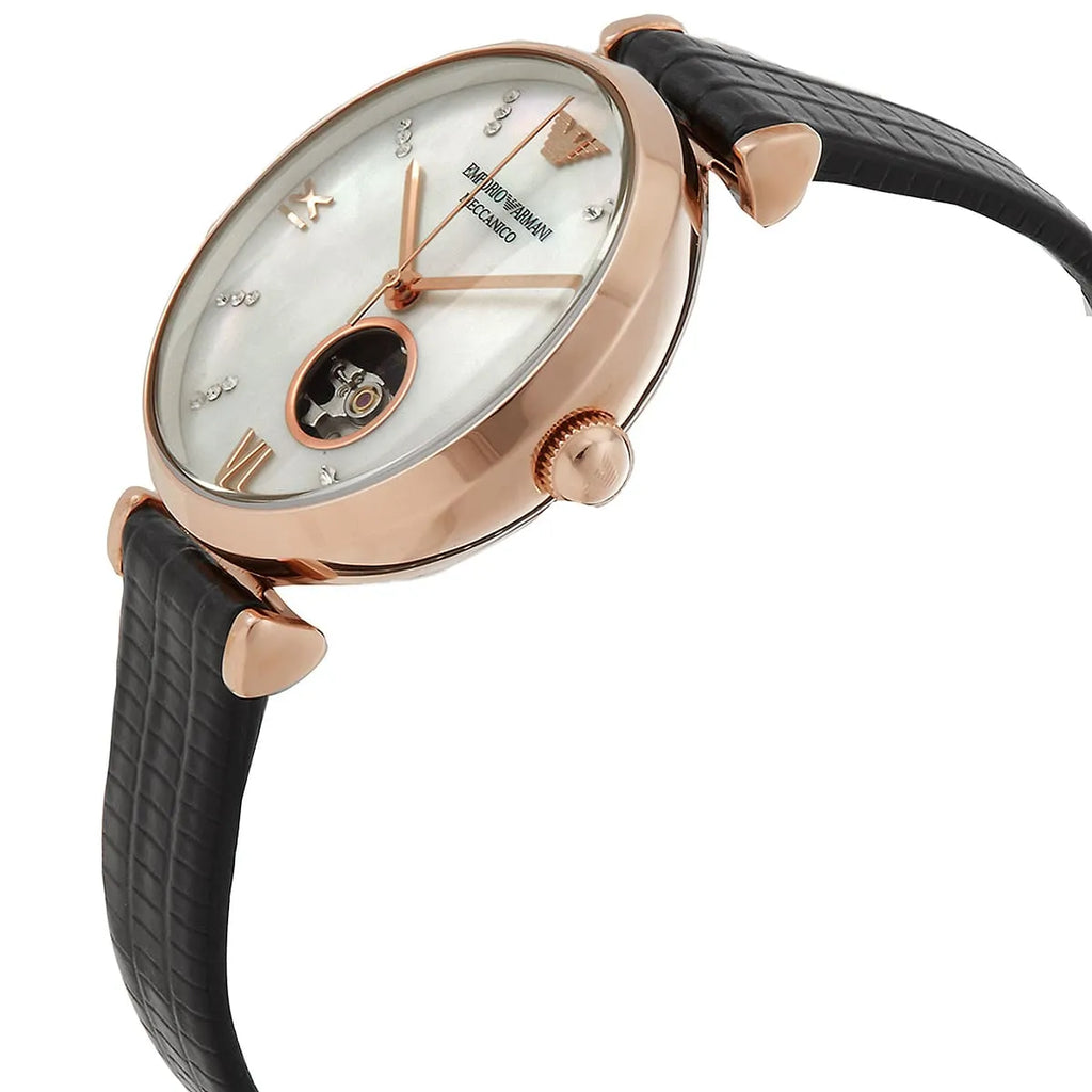 Emporio Armani Gianni T Bar Mother of Pearl White Dial Black Leather Strap Watch For Women - AR60047 Buy Now By Emporio Armani