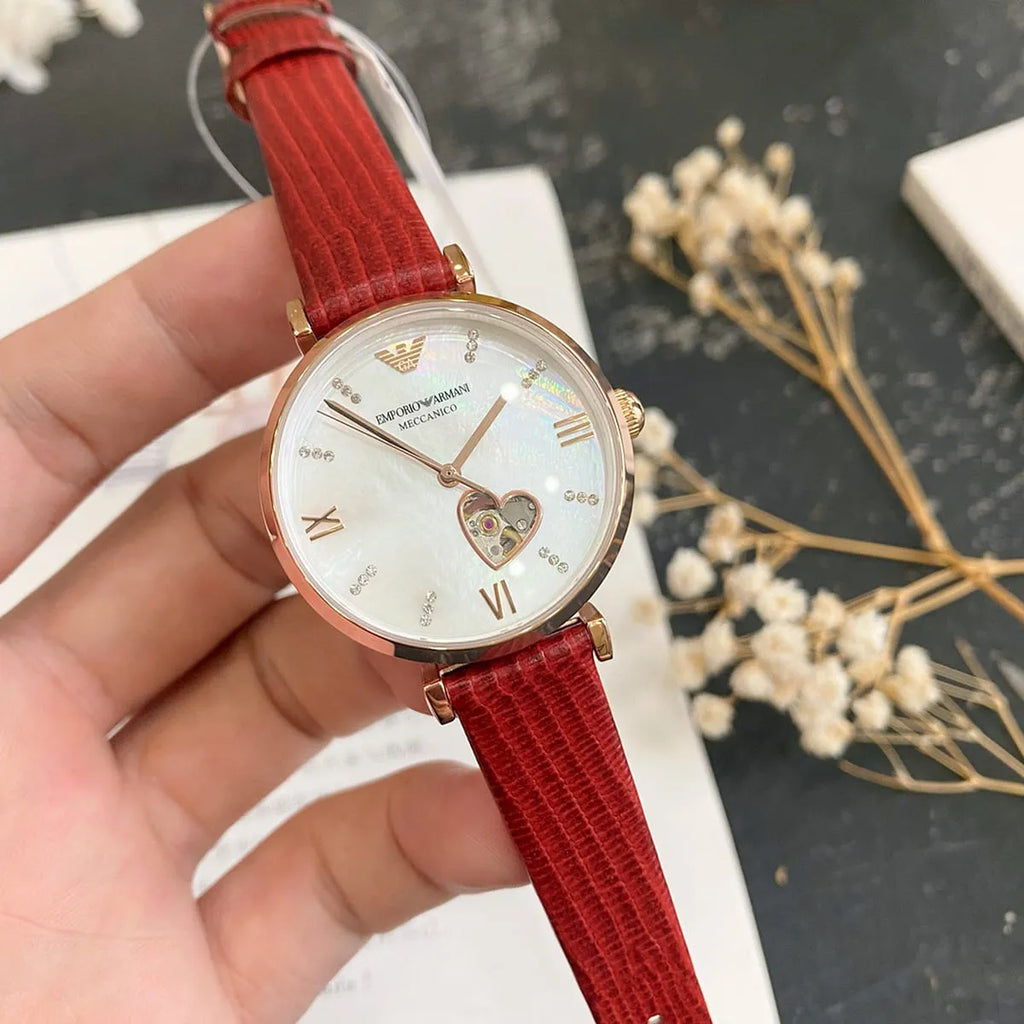 Emporio Armani Gianni T-Bar Mother of Pearl White Dial Red Leather Strap Watch For Women - AR60048 Buy Now By Emporio Armani