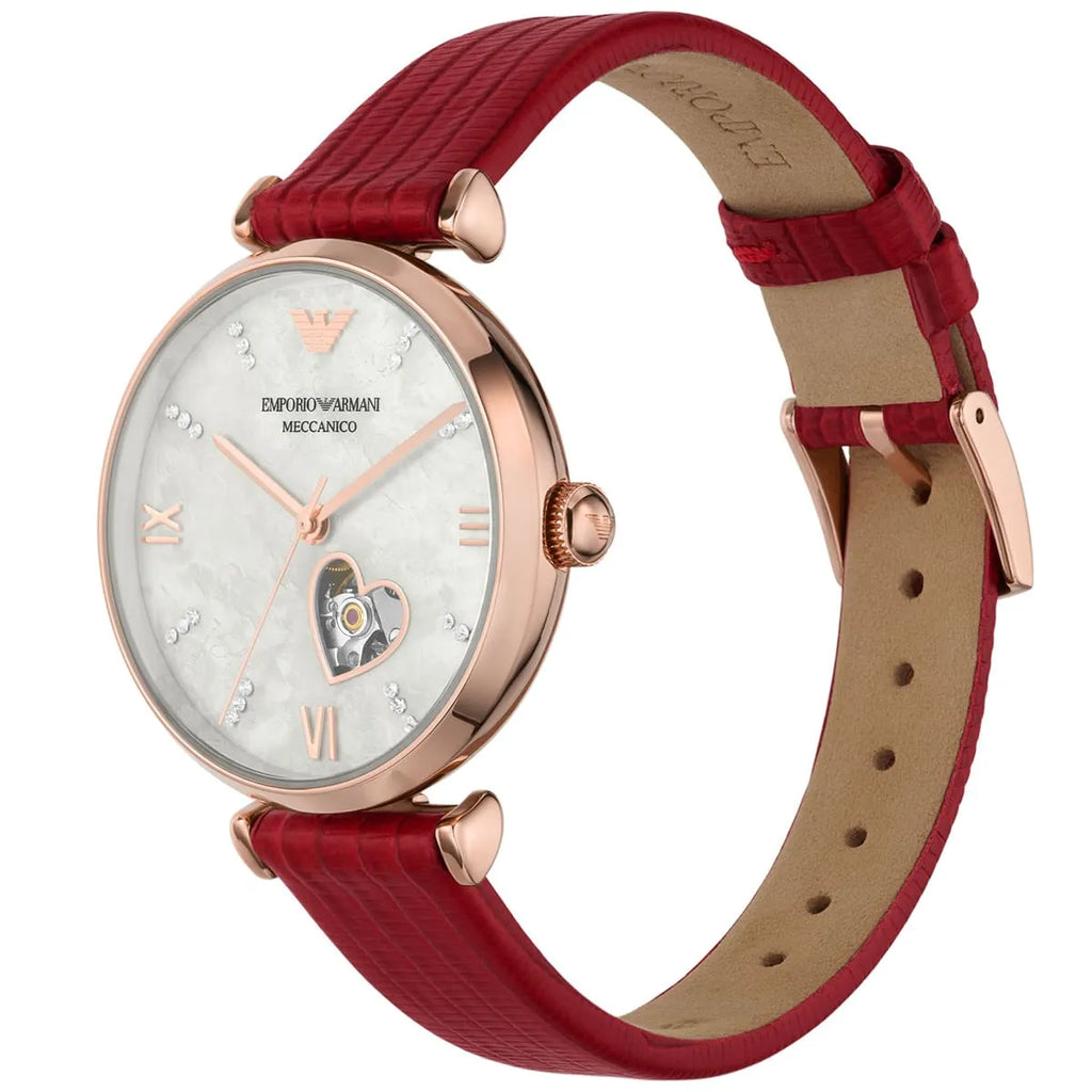 Emporio Armani Gianni T-Bar Mother of Pearl White Dial Red Leather Strap Watch For Women - AR60048 Buy Now By Emporio Armani
