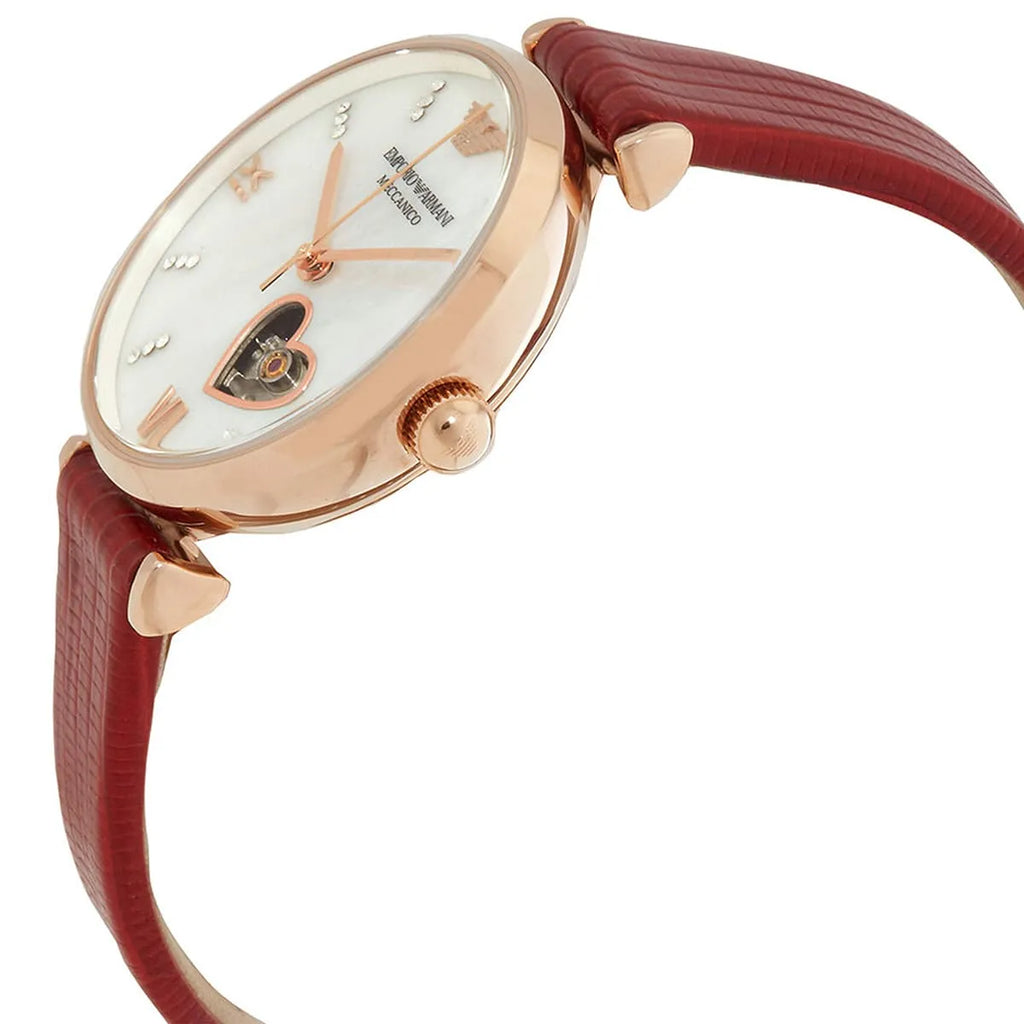 Emporio Armani Gianni T-Bar Mother of Pearl White Dial Red Leather Strap Watch For Women - AR60048 Buy Now By Emporio Armani
