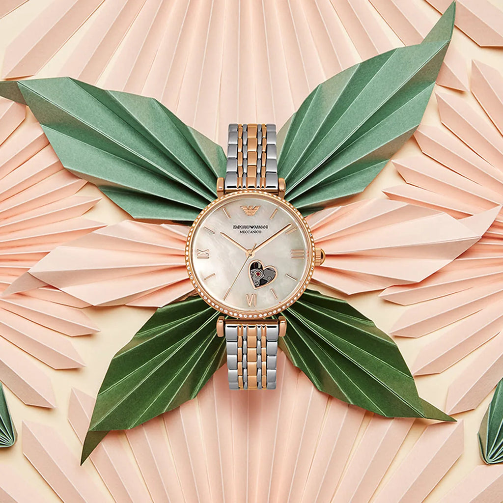 Emporio Armani Meccanico Automatic Mother of Pearl Dial Two Tone Steel Strap Watch For Women - AR60049 Buy Now By Emporio Armani