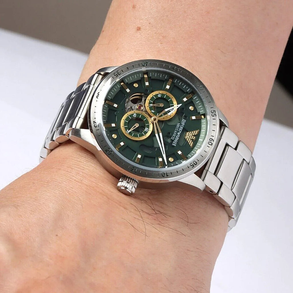 Emporio Armani Meccanico Chronograph Automatic Green Dial Silver Steel Strap Watch For Men - AR60053 Buy Now By Emporio Armani