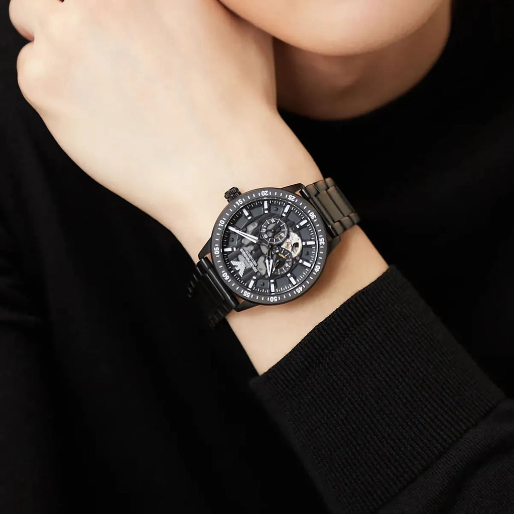 Emporio Armani Meccanico Automatic Black Dial Black Steel Strap Watch For Men - AR60054 Buy Now By Emporio Armani
