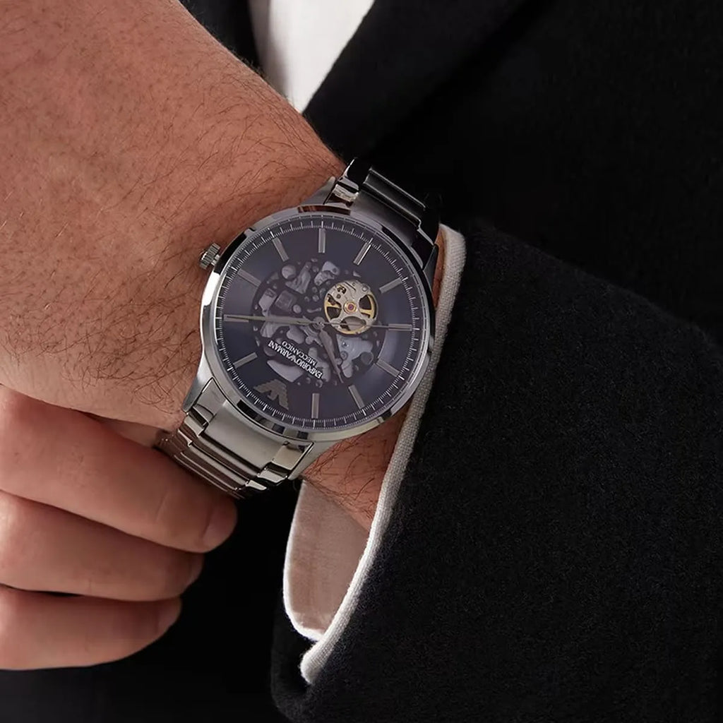 Emporio Armani Renato Automatic Blue Dial Grey Steel Strap Watch For Men - AR60056 Buy Now By Emporio Armani