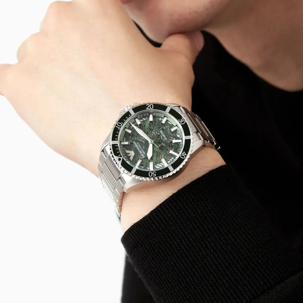 Emporio Armani Diver Automatic Green Dial Silver Steel Strap Watch For Men - AR60061 Buy Now By Emporio Armani
