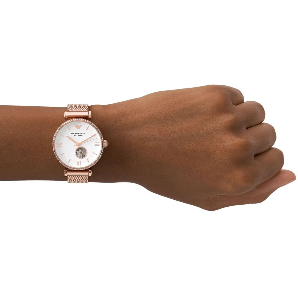 Emporio Armani Meccanico Automatic White Dial Rose Gold Mesh Strap Watch For Women - AR60063 Buy Now By Emporio Armani